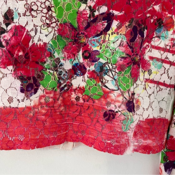 Floral Lace-Back Button Front Cardigan Sweater - White & Red Linen Blend - Picture 8 of 15